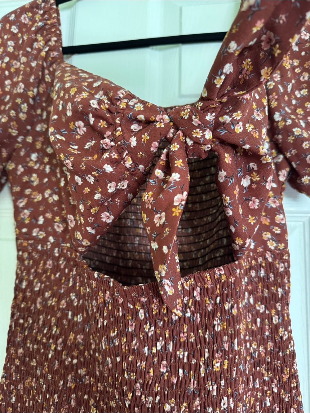 Iris rust brown floral smocked tie front puff sleeve mini dress L - Picture 3 of 5
